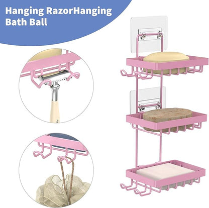 Moforoco 3 Tier Pink Soap Dish Holder for Shower Wall, No Drilling, 304 Stainless Steel, Soap Bar with 4 Hooks and Razor Holder for Shower, Shampoo Bar Holder for Girly Bathroom Accessory Decor