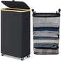 Goodpick Slim Laundry Basket with Wheels and Lid, 75L Rolling Laundry Hamper for Dorm Home Decor, Large Clothes Hamper with Bamboo Frame Removable Bag, Black, 17" x 9.8" x 29.5"