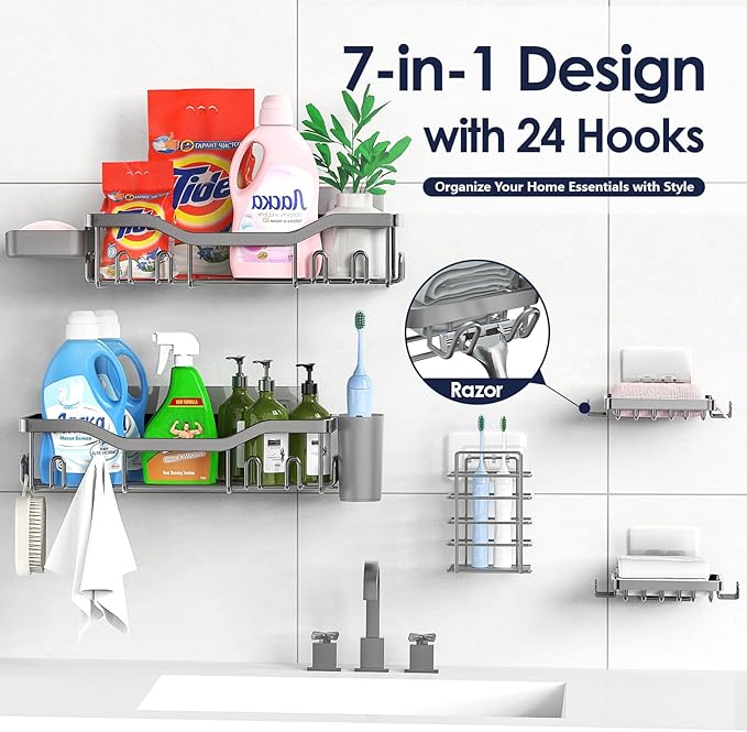 NESOMI Shower Caddy Adhesive Shower Organizer 7-Pack, Rustproof Stainless Steel Bathroom Shelves, Large Capacity No-Drill Rack Storage Accessories with Soap Dish Toothbrush Holder Hooks