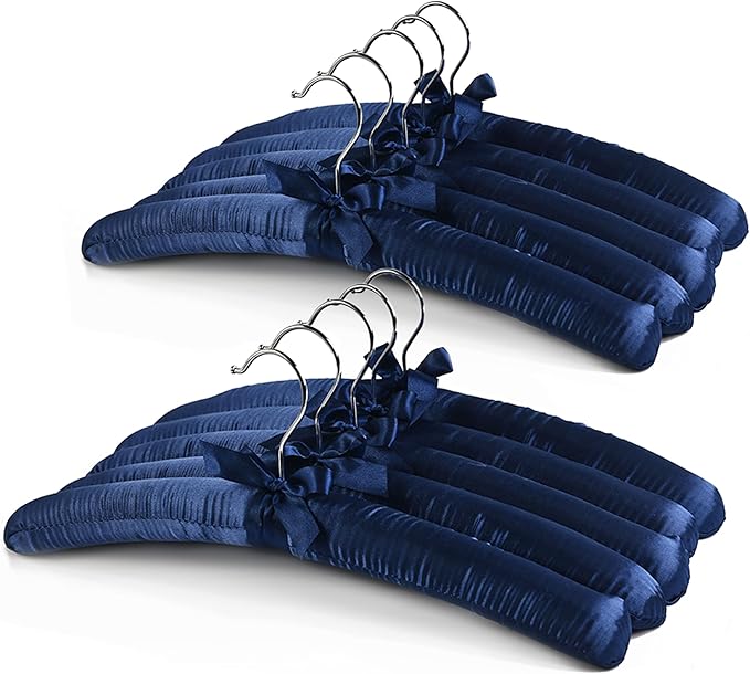 Blue Satin Padded Sweater Hangers 10 Pack, Blouse Hanger with Thick & Soft Foam for Bridal Wedding Dress Lingerie, Smooth Silk Covered Shirt Hanger Without Shoulder Bump