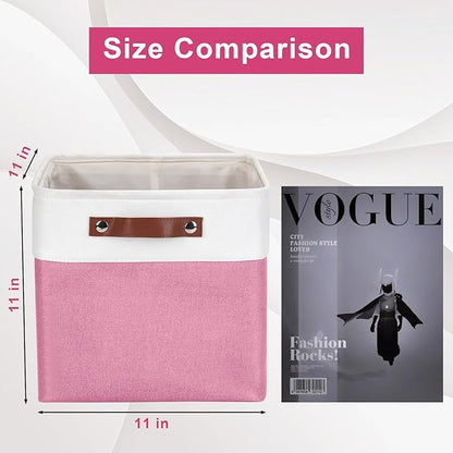 Bagnizer Collapsible Fabric Storage Cubes 11x11 Cube Storage Bins, 4 Pack Closet Baskets Box with Handles for Organizing, Shelf, Toys, Clothes, Home, Office, Nursery (Pink&White)