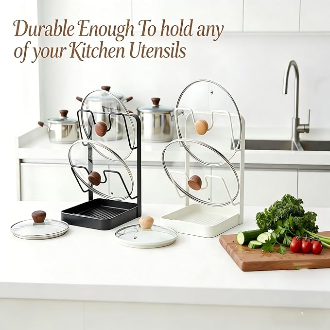 2 Tier Pot Lid Holder Rack for Kitchen Storage, Multifunctional Pan Lid Organizer for Countertop, Kitchen Spoon Rest with Lid Holder Rack for StoveTop White