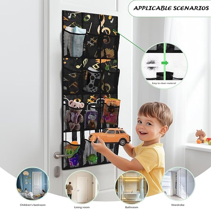 Over The Door Shoe Organizer with 12 Mesh Pockets, Hanging Storage Organizer for Toys Closet Door Hanging Shelf Storage for Bedroom Bathroom,Music Note