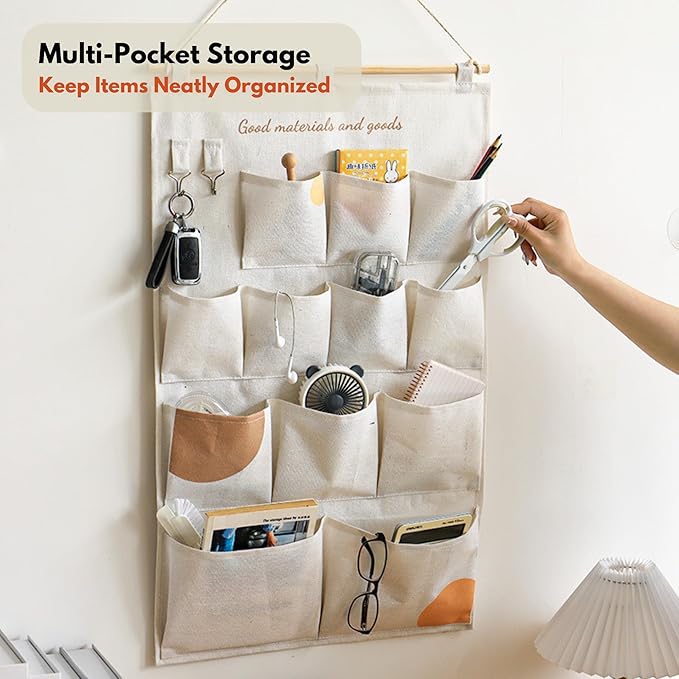 Wall Hanging Organizer with Pockets, Over Door Storage Organizer with Wooden Rod, Multi Pocket Fabric Wall Organizer for Bedroom Bathroom Closet Door, Space Saving Hanging Storage Bag (12)