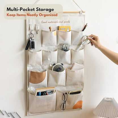 Wall Hanging Organizer with Pockets, Over Door Storage Organizer with Wooden Rod, Multi Pocket Fabric Wall Organizer for Bedroom Bathroom Closet Door, Space Saving Hanging Storage Bag (12)