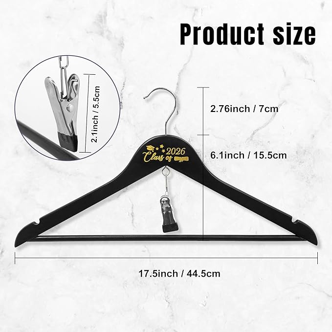 GraduatePro Graduation Cap and Gown Hanger 17.5”with Hook Clip for College and High School Graduates, Graduation Gifts with Class of 2026 Printed for Her and Him, Black