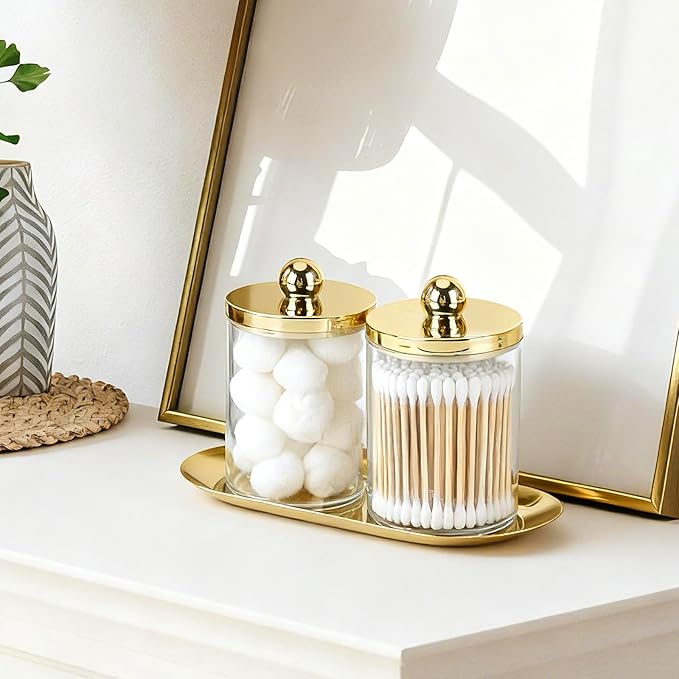 Tbestmax 2 Pack Qtip Holder with Gold Tray, 10oz Plastic Canister Apothecary Jar for Cotton Swabs, Balls, Pads, Floss Picks - Clear Bathroom Essentials Accessories Decor