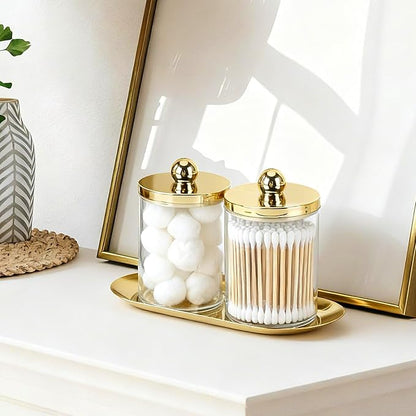 Tbestmax 2 Pack Qtip Holder with Gold Tray, 10oz Plastic Canister Apothecary Jar for Cotton Swabs, Balls, Pads, Floss Picks - Clear Bathroom Essentials Accessories Decor