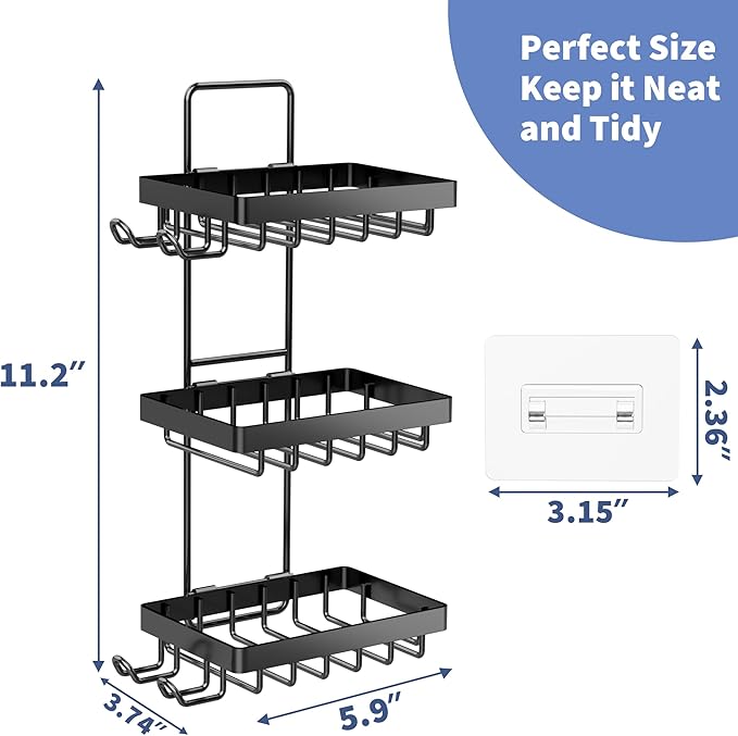 Moforoco 3-Tier Black Soap Bar Holder for Shower, No Drilling, 304 Stainless Steel, Wall Mounted Soap Holder with 4 Hooks and Razor Holder, Shower Rack Soap Tray Bar Soap for Bathroom Accessories