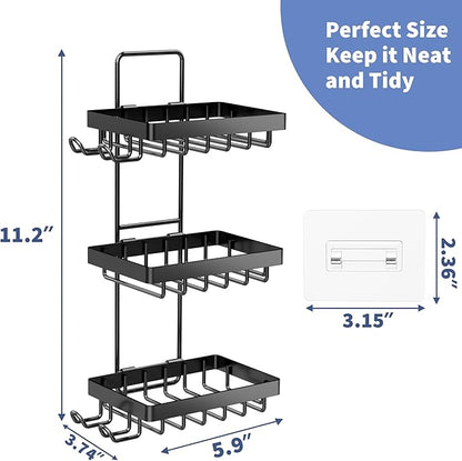 Moforoco 3-Tier Black Soap Bar Holder for Shower, No Drilling, 304 Stainless Steel, Wall Mounted Soap Holder with 4 Hooks and Razor Holder, Shower Rack Soap Tray Bar Soap for Bathroom Accessories