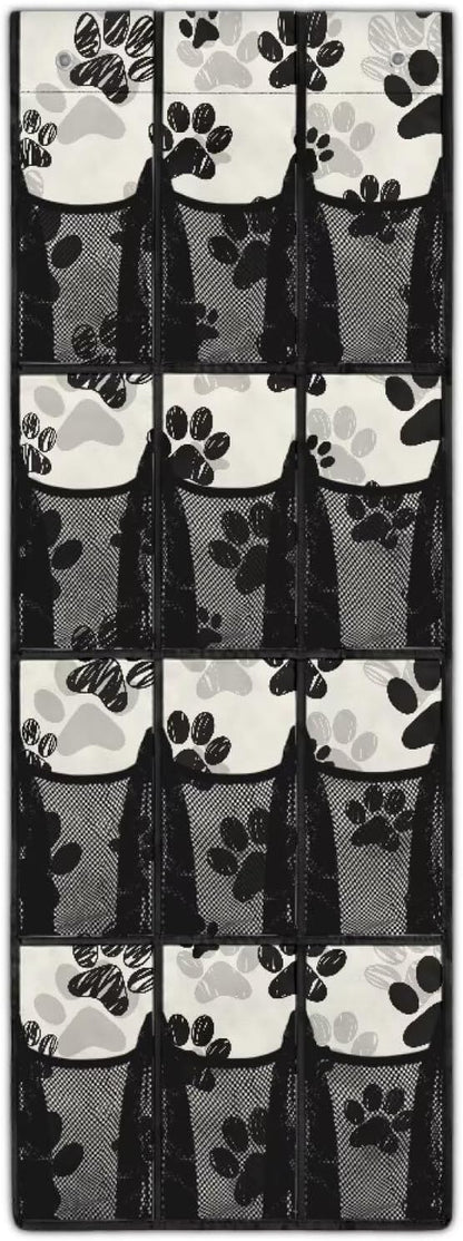 Silver Over The Door Mesh Fabric Over The Door Closet Organizer 12 Pockets Pawprints Shoe Holder Hanger for Living Room Easy to Install Wall Hanging Storage