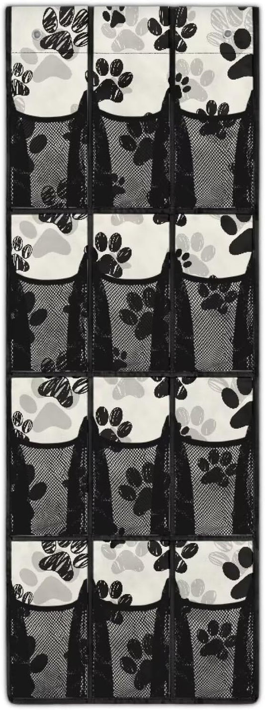 Silver Over The Door Mesh Fabric Over The Door Closet Organizer 12 Pockets Pawprints Shoe Holder Hanger for Living Room Easy to Install Wall Hanging Storage