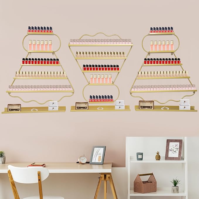Metal Wall Mounted Nail Polish Racks - Stylish Cosmetic Display Case, Lipstick & Perfume Wall Shelf, Essential Oil Organizer for Bottles in Salon Spa Shop (Gold)