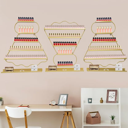 Metal Wall Mounted Nail Polish Racks - Stylish Cosmetic Display Case, Lipstick & Perfume Wall Shelf, Essential Oil Organizer for Bottles in Salon Spa Shop (Gold)