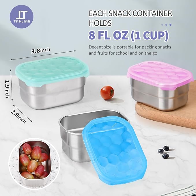 Tanjiae Snack Pro - Small (1 CUP) Stainless Steel Snack Containers for Kids | Easy Open Leak Proof Food Containers with Silicone Lids - Perfect Metal Toddler Lunch Box for Daycare and School (8oz)