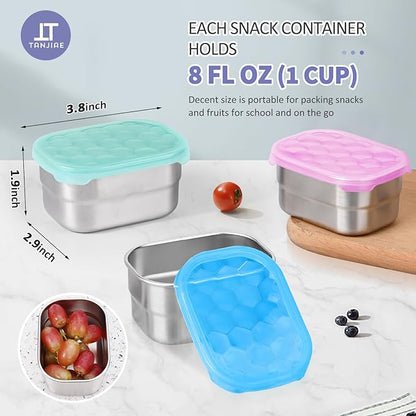 Tanjiae Snack Pro - Small (1 CUP) Stainless Steel Snack Containers for Kids | Easy Open Leak Proof Food Containers with Silicone Lids - Perfect Metal Toddler Lunch Box for Daycare and School (8oz)