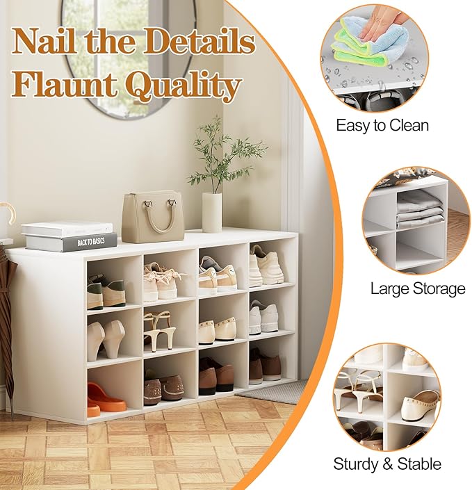 Aenuert 12-Cubby Shoe Rack, 3-Tier Wood Shoe Organizer, Multifunctional Shoe Organizer Bench for Entryway, Mudroom, Hallway, Closet,36.22 * 11.81 * 17.72 Inch,White
