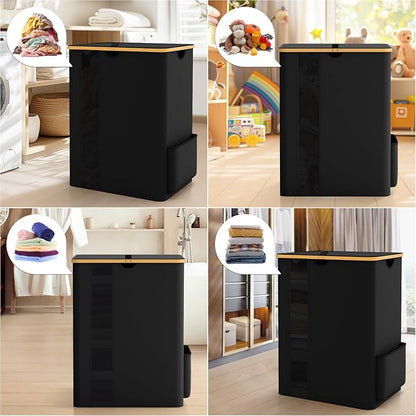 BlissTotes Laundry Basket with Lid, 150L Clothes Laundry Hamper with Handles and 2 Removable Laundry Bags, Breathable Design Hamper with Lid for Bedroom, Bathroom, Dorm, Laundry Room -Black