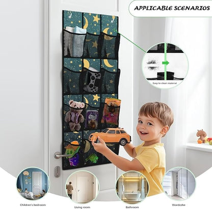 Extra Large 12-Pocket Storage Hanging Bag for Behind The Door, Heavy Duty Oxford Fabric, Waterproof Lightweight and Space-Saving Organizer for Home Use, Moon and Stars