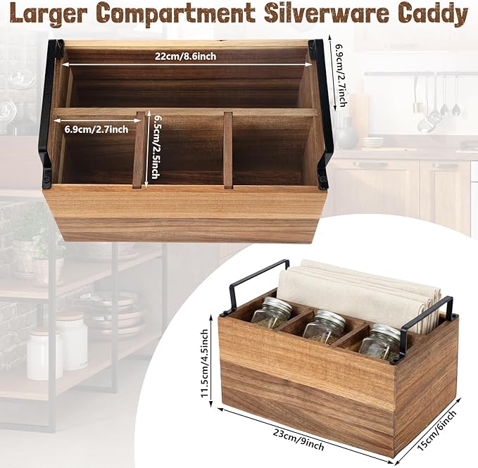 Wooden Silverware Caddy with Detachable Handles, Wood Utensil Silverware Holder for Party, Flatware Caddy Organizer for Kitchen and Office
