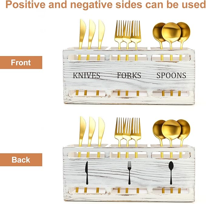 Farmhouse Wooden Utensil Caddy Party Cutlery Silverware Holder Small Wood Utensil Holder for Kitchen Counter Decor Flatware Cutlery Organizer Table Flatware Silverware Caddy Spoon and Fork Organizer