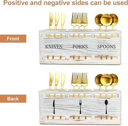 Farmhouse Wooden Utensil Caddy Party Cutlery Silverware Holder Small Wood Utensil Holder for Kitchen Counter Decor Flatware Cutlery Organizer Table Flatware Silverware Caddy Spoon and Fork Organizer