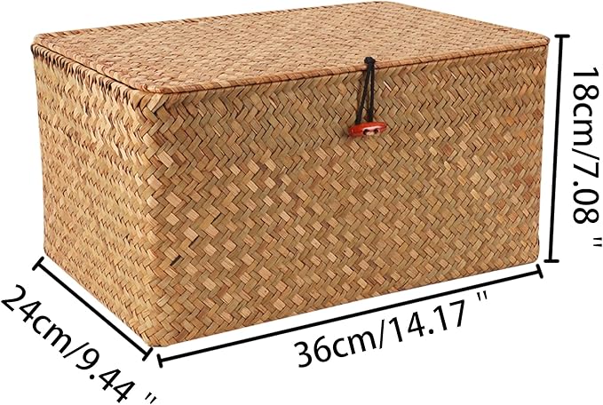 Moosky Wicker Shelf Baskets with Lid,Natural Seagrass Storage Basket Boxes Handwoven Rectangular Baskets Bins Multipurpose Home Organizer Decor (Large)