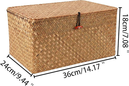Moosky Wicker Shelf Baskets with Lid,Natural Seagrass Storage Basket Boxes Handwoven Rectangular Baskets Bins Multipurpose Home Organizer Decor (Large)