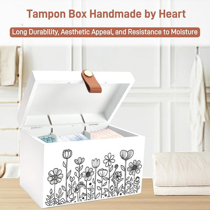 100% Solid Wood Tampon Holder Box with Lid, Copper Leather Pull, Absolute Real Wood Bathroom Decorative Box for Feminine Product Storage and Accessories such as Tampons, Cotton Balls, Gifts for Women