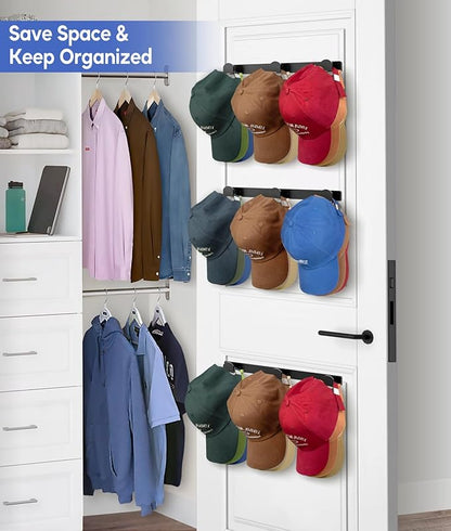 KIMBORA 4 Packs Hat Rack for Wall, Hat Organizer for Baseball Caps Holds 36 Hats, 3 Mounting Options Hat Hook Hanger, Strong Baseball Hat Holder Storage, Cap Display for Door, Room, Closet (Black)