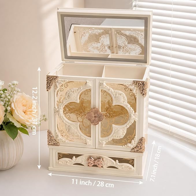 Lighted Vanity Makeup Organizer with Mirror, Large Vintage Cosmetic Storage Box with Drawers, Waterproof Dustproof Skincare & Beauty Organizer for Bathroom Counter, Gift for Women (Off-white)
