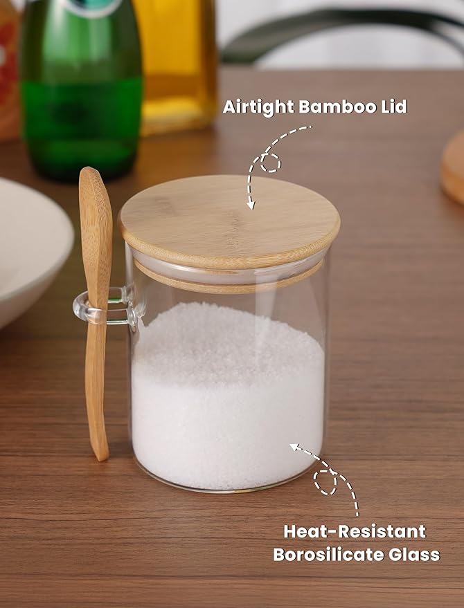 NiHome 17 oz Glass Salt Cellar with Bamboo Lid and Spoon, Integrated Design Clear Container for Salt, Sugar, Coffee Beans, Snack Nuts, Kitchen Spice Storage