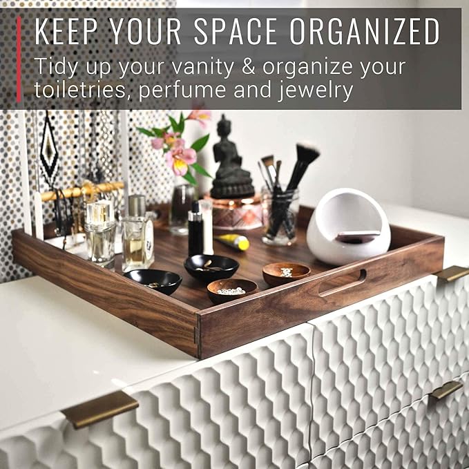 Virginia Boys Kitchens Walnut Wood Serving Tray with Handles - Serve Coffee, Tea, Cocktails, Appetizers, Breakfast in Bed or for Ottomans or Desk - 20x20 Square