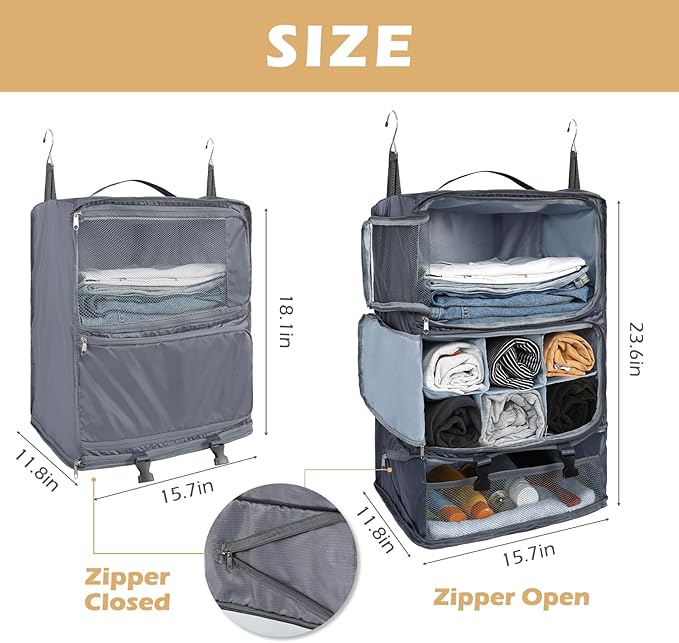 Surblue Hanging Travel Shelves Compression Packing Cube for Carry-on Luggage Suitcase Collapsible with Extension Layer Large Capacity, Grey, XXL