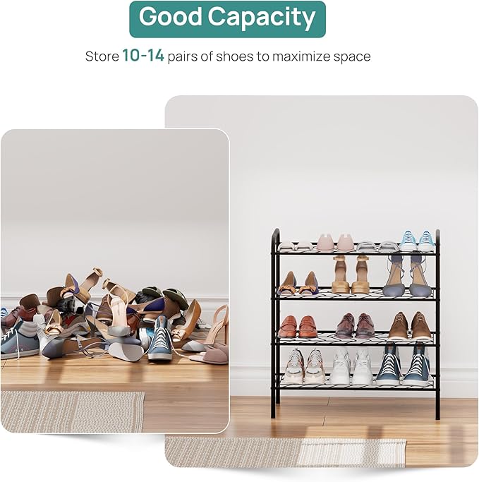 viewcare Shoe Rack for Closet, 4-Tier Small Shoe Rack for Entryway & Garage, Black Shoe Organizer Holds 10-14 Pairs, Sturdy Metal Construction
