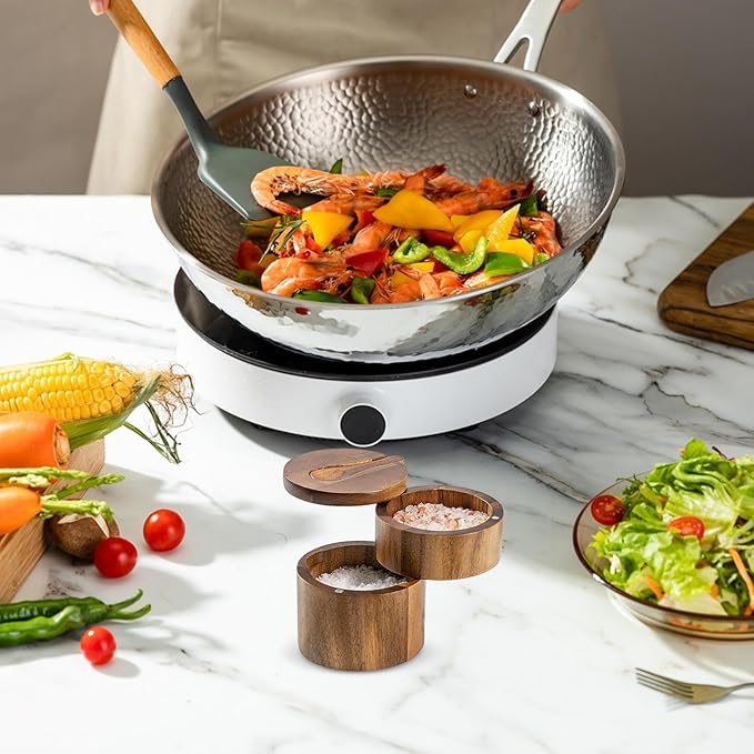 Salt Cellar with Lid | Pepper Container with Magnetic Swivel Lid,2-Layers Wooden Cellar Bowl with Spoon for Storage Pepper Coffee Sugar Pickling Kitchen Countertop Dining Table