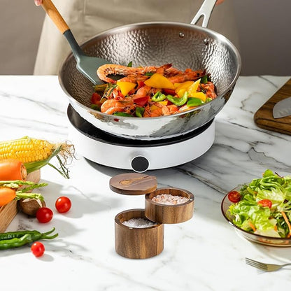 Salt Cellar with Lid | Pepper Container with Magnetic Swivel Lid,2-Layers Wooden Cellar Bowl with Spoon for Storage Pepper Coffee Sugar Pickling Kitchen Countertop Dining Table