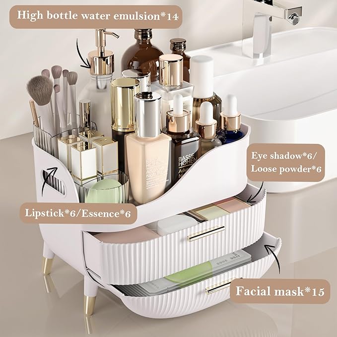 Makeup Organizer for Vanity, Large Capacity Skincare Cosmetic Organizer Countertop with 2 Drawers, Cosmetic Display Cases Makeup Storage Box for Bedroom, Bathroom, Ideal Gifts for Women(White)