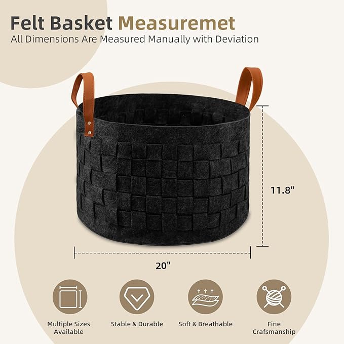 BOLDMONKEY Laundry Basket 20" x20 " x11.8 ", Large Round Blanket Basket with Leather Handle, Felt Storage Basket for Living Room, Nursery, Dog Toys-Dark Gray