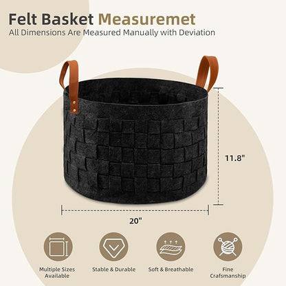 BOLDMONKEY Laundry Basket 20" x20 " x11.8 ", Large Round Blanket Basket with Leather Handle, Felt Storage Basket for Living Room, Nursery, Dog Toys-Dark Gray