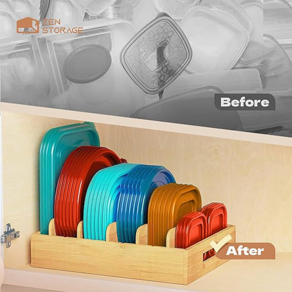 Bamboo Lid Organizer, Plastic Lid Organizer Cabinet, Food Container Lid with 5 Adjustable Dividers for Kitchen Drawer