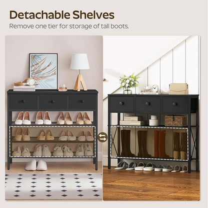 YATINEY 4-Tier Shoe Rack with 3 Drawers, Metal Shoe Organizer for 15 Pairs with Storage Shelves and Wooden Top, for Entryway, Hallway, Foyer, Closet, Black SS34BB