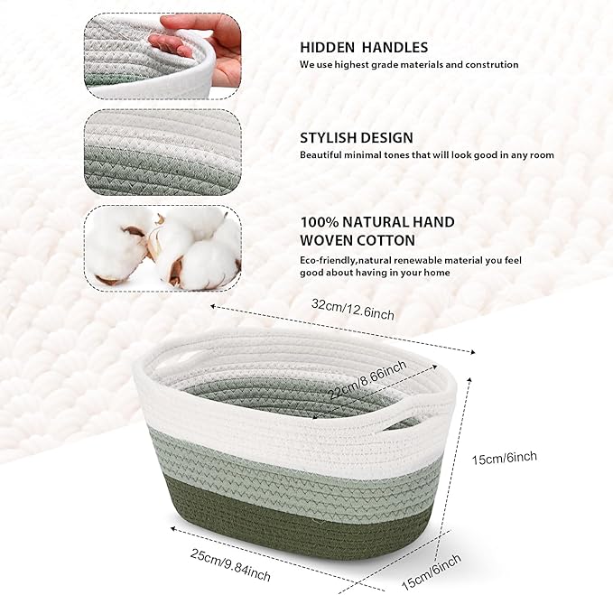Sawysine 6 Pcs Storage Baskets Bulk for Organizing Cotton Rope Woven Basket with Handles for Gift Cloth Shelves Blanket Toys Living Room(Green and White)