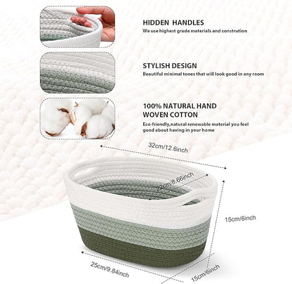 Sawysine 6 Pcs Storage Baskets Bulk for Organizing Cotton Rope Woven Basket with Handles for Gift Cloth Shelves Blanket Toys Living Room(Green and White)