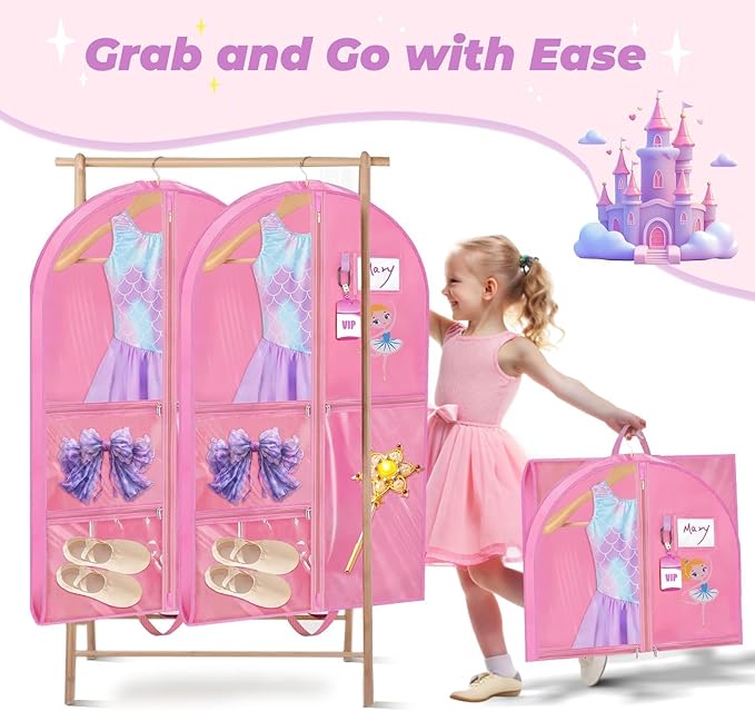 2 Pack Hanging Dance Garment Bag, 40 Inch Waterproof Costumes Bag for Travel, Pink Clothes Bag with 5 Pockets for Dance, Sports, Skating, Beauty Pageants, Theatre