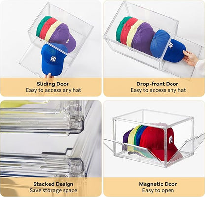 Acrylic XLarge Hat Organizer Box,2 Pack Hat Display Case,Stackable Clear Baseball Caps Storage Box Containers with Double-Sided Magnetic Door,Holds 12 Hats Each (Clear)