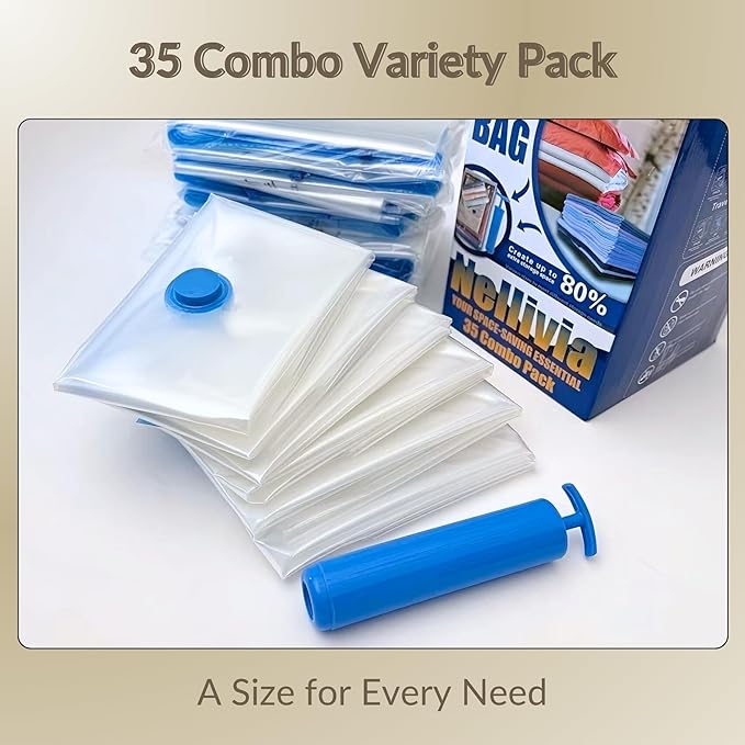 35 Pack Vacuum Storage Bags with Hand Pump, Compression Space Saver for Comforter, Bedding, Blanket Storage, Vacuum Seal Bags for Clothing, Travel Luggage Suitcase and Closet Organizer