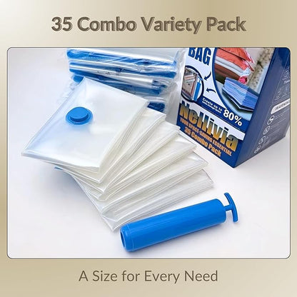 35 Pack Vacuum Storage Bags with Hand Pump, Compression Space Saver for Comforter, Bedding, Blanket Storage, Vacuum Seal Bags for Clothing, Travel Luggage Suitcase and Closet Organizer