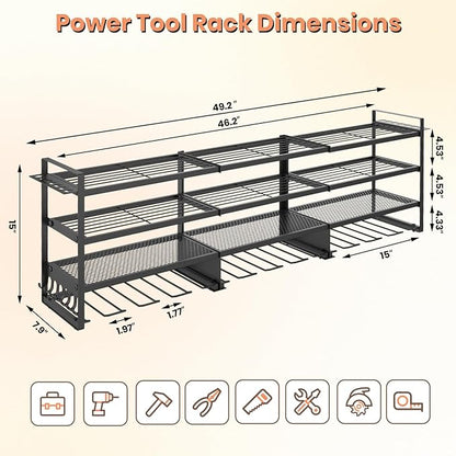 SINTIKI 49 inch Large Power Tool Organizer Wall Mount, 4 Layer Tool Storage Rack Loads 600 LBS, Rack Holds 12 Cordless Drills, Utility Racks for Garage Organization, Gift for Men
