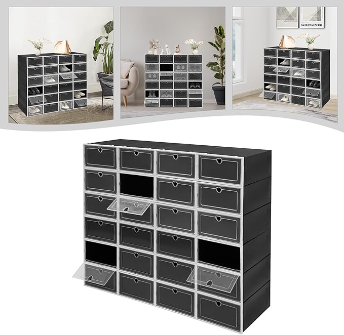 24 Pack Shoe Storage Boxes, Clear Stackable Shoe Organizer for Closet with Flip Lid, Foldable Plastic Shoe Boxes Sneaker Containers for Entryway, Closet, Under Bed (Black, Heart Hole)